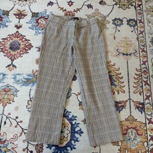Amanda + Chelsea Tan Plaid Straight Leg Cropped Work Trousers Ankle Slit Size 10